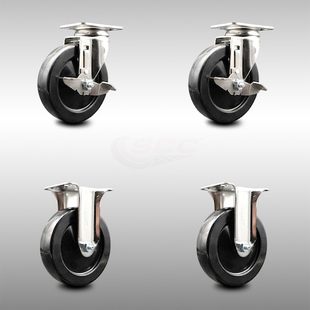 Service Caster 5 Inch 316SS Soft Rubber Wheel Swivel Top Plate Caster Brake 2 Rigid SCC, 2PK SCC-SS31620S514-SRS-TLB-2-R-2